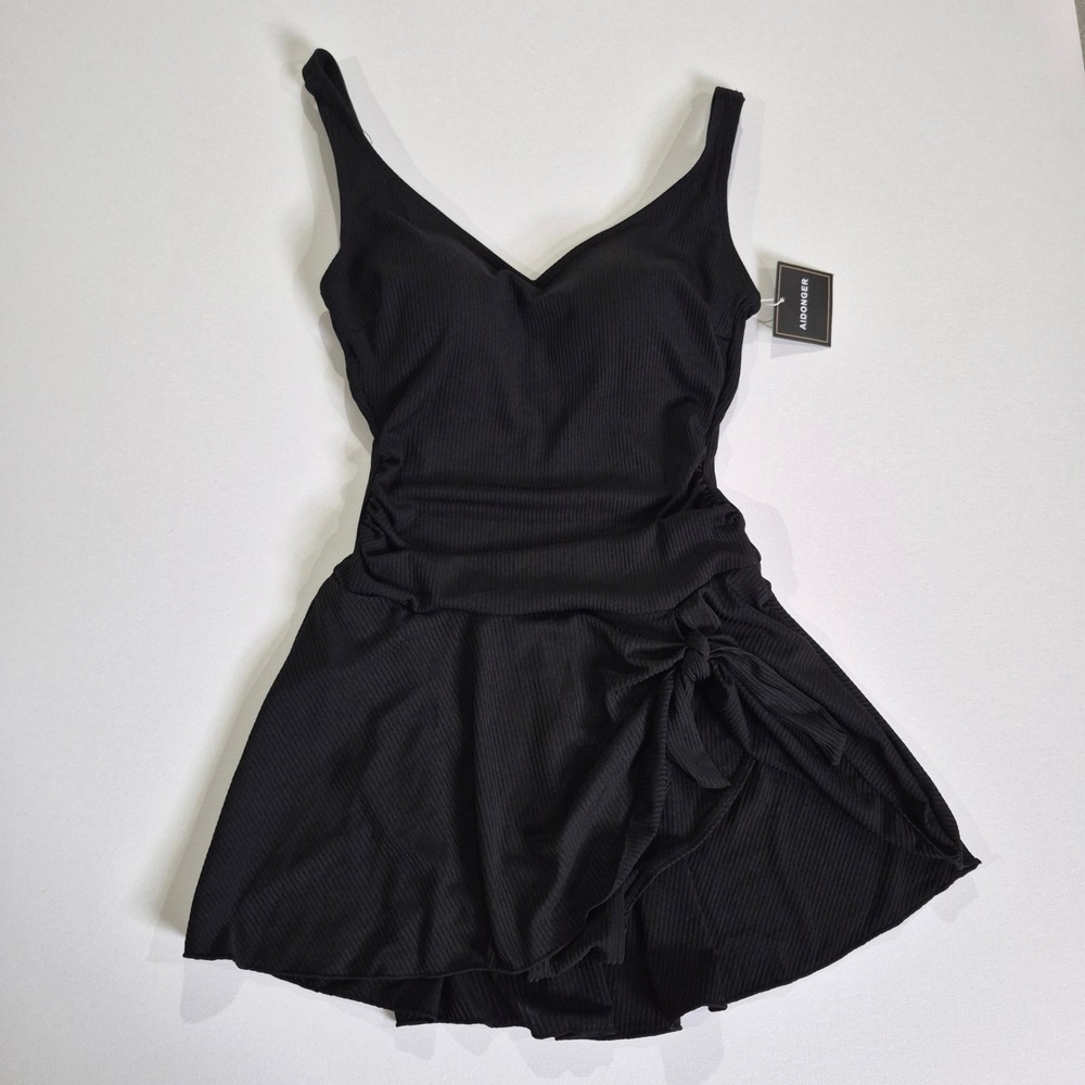 Aidonger Womens Black Ribbed One Piece Swim Dress V-Neck Side Tie Swimsuit Small